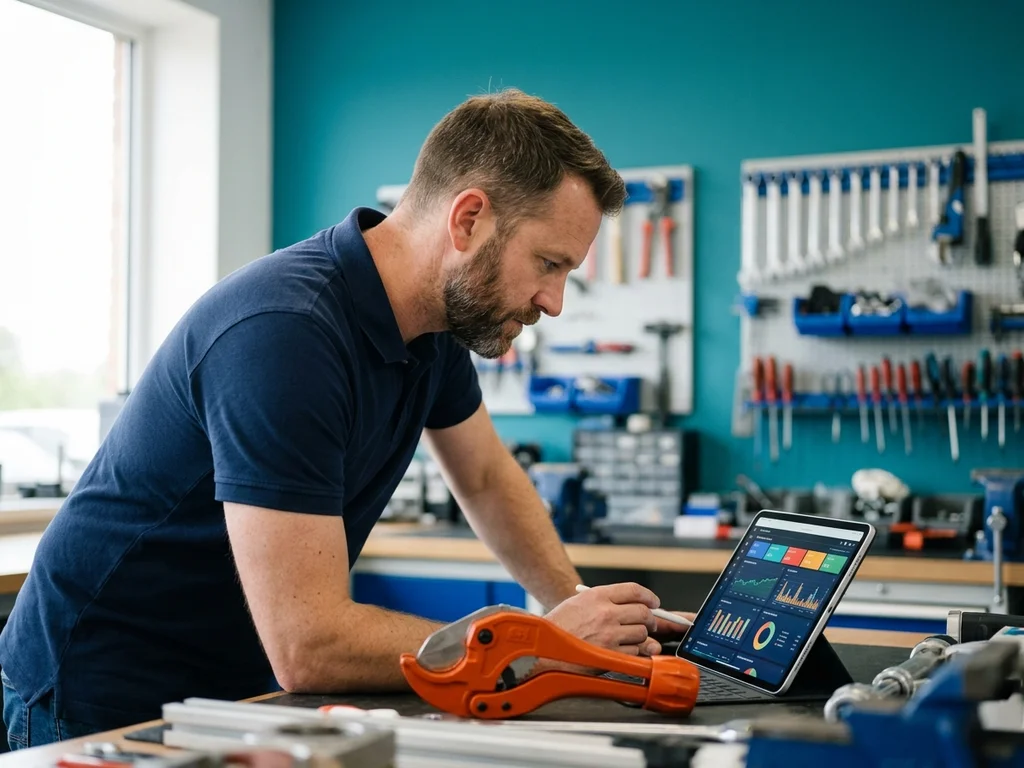 Karim, artisan plombier à Massy, analyse la croissance de son activité sur une tablette numérique.